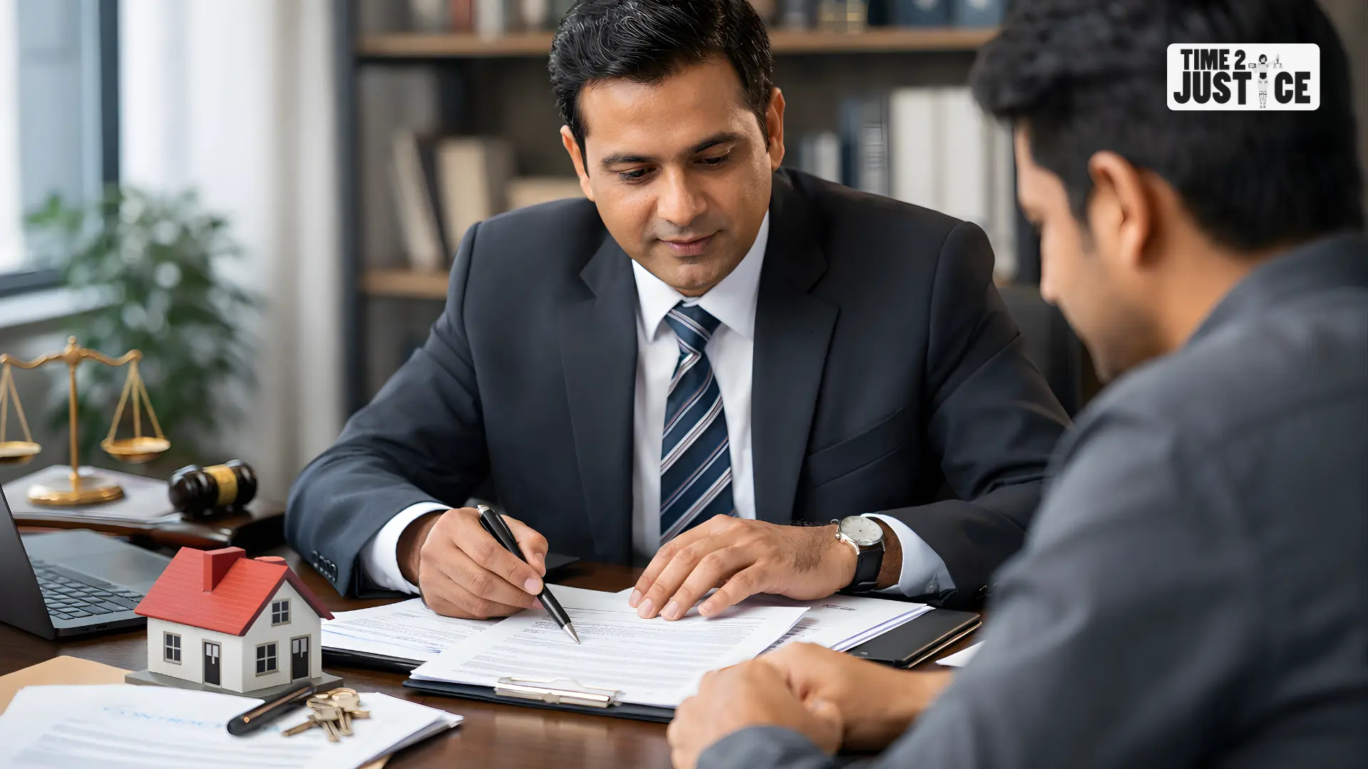 Property lawyer in India reviewing real estate documents with a client